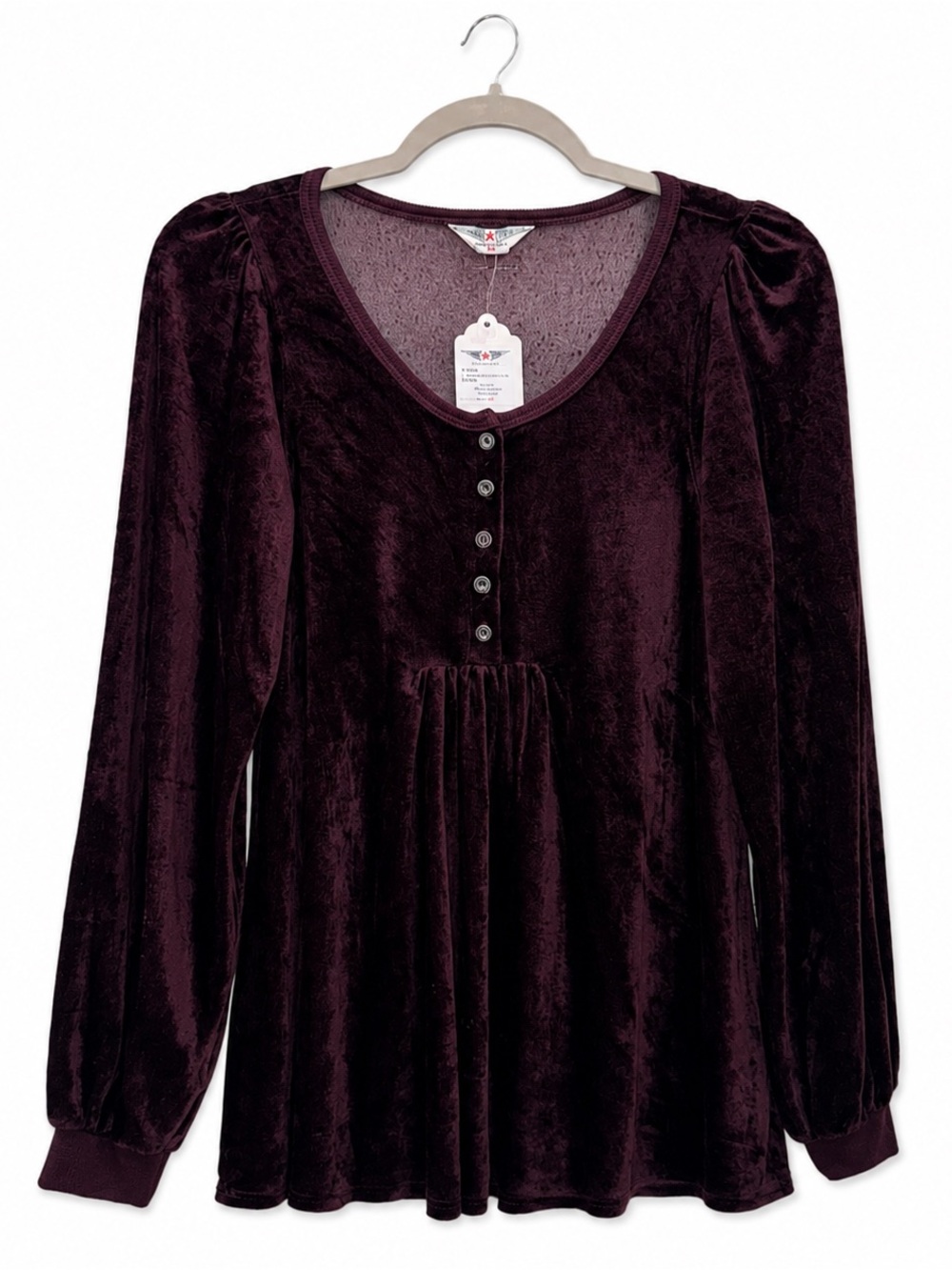 Hard Tail Plum Velvet Babydoll Top Medium Long Sleeve Shirred Henley Tunic